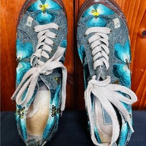 Denim Butterfly Sneakers with Teal and Gold Accents